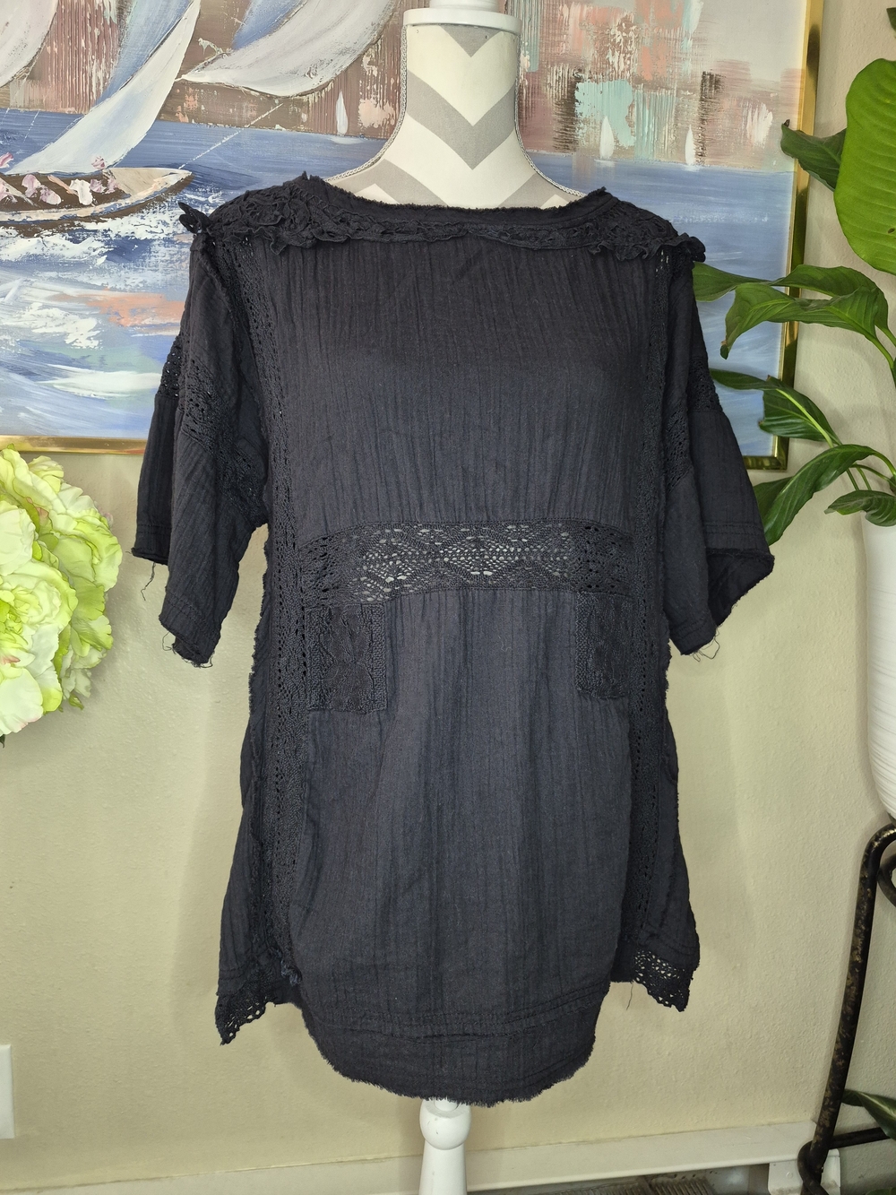 We The Free Black Crochet Trim Women's Top Lightweight Boho Blouse